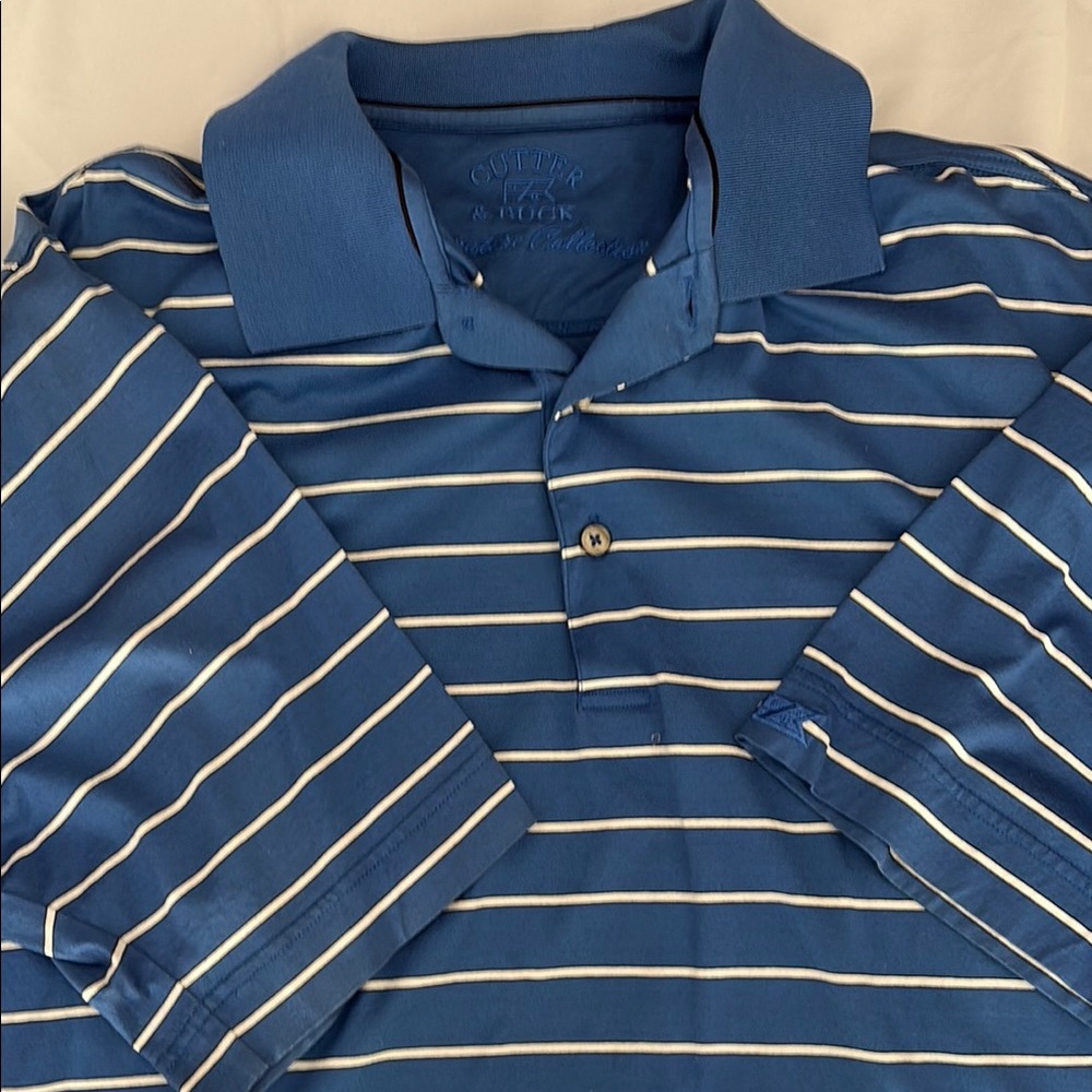 Cutter & Buck Blue and White Striped Polo Shirt Classic Design